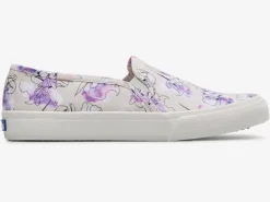 New Women's Double Decker Canvas Watercolor Floral Print Slip On Sneaker Women Slip Ons
