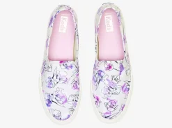 New Women's Double Decker Canvas Watercolor Floral Print Slip On Sneaker Women Slip Ons