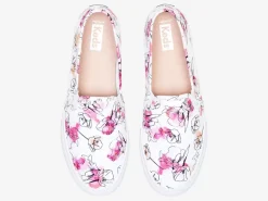 Women's Double Decker Canvas Watercolor Floral Print Slip On Sneaker Women Slip Ons